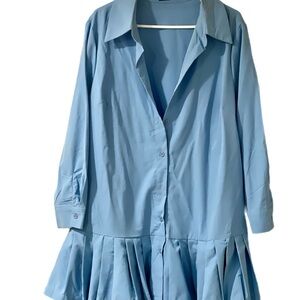 Blue Button-Up Dress with Pleated Hem